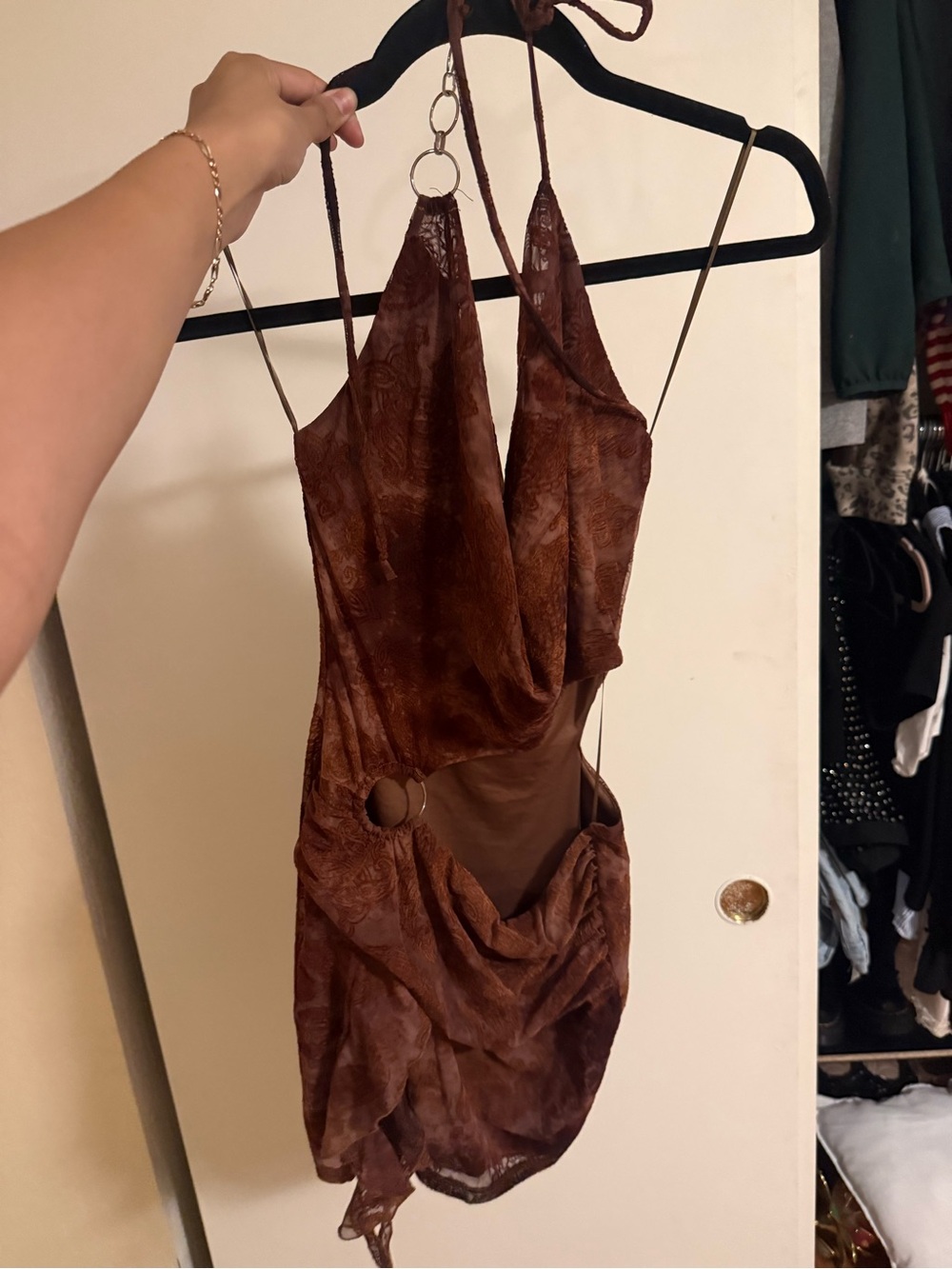 Brown Halter Mini Dress with Side Ring Detail